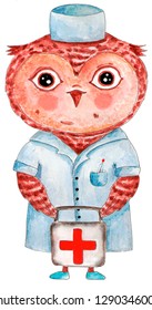 Character Owl Doctor Nurse Watercolor