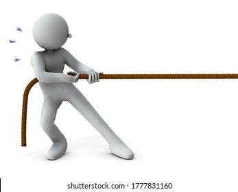 A Character Pulling A Rope. Tug Of War. White Background. 3D Rendering.