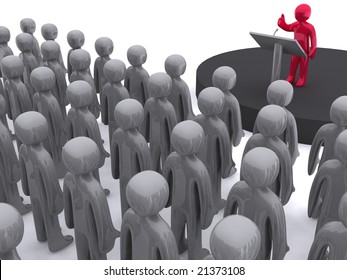 Character standing on platform and speaking. This image is 3d render.