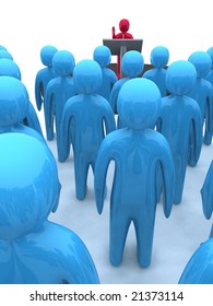 Character standing on platform and speaking. This image is 3d render.