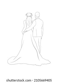 The Characters Of The Bride And Groom Of The Husband And Wife Are Married. Line Wedding Drawn From The Hand Picture Silhouette