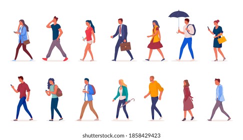 Characters Of People Walking Down The Street In Light Clothes Illustation. Young Girls And Men Walk Isolated On A White Background Side View.