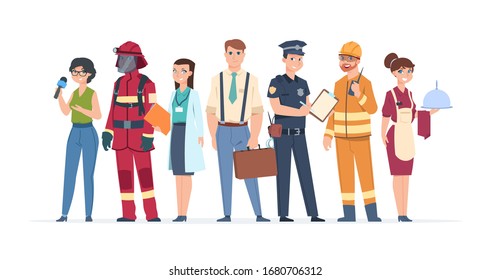 Characters professions. Factory workers business people engineer and doctor community concept.  different role man engineering career professionals