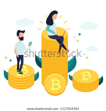 Characters Sitting On Bitcoins Earning Money Stock Illustration - 