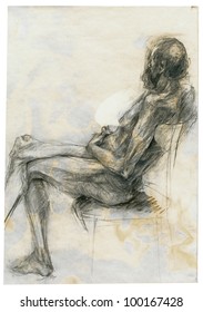 Charcoal drawing - sitting model, naked old man (gender not shown). On the subject of Renaissance masters.