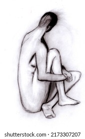 Charcoal drawing woman sits back view