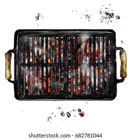 Charcoal Grill. Watercolor Illustration.