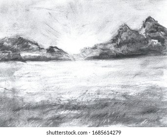 Charcoal pencil landscape drawing, black and white