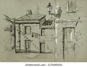 charcoal sketch of old town