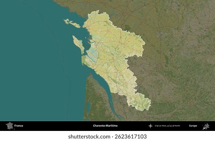 Charente-Maritime. Administrative area of France highlighted and outlined on a darkened OpenStreetMap Humanitarian style map