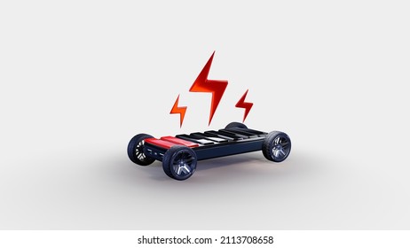 Charging concept of a modern electric car modular platform board. battery pack rechargeable cells inside. Electric drive train module chassis components, motor powertrain, controller. 3D rendering.
