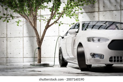 Charging an electric car with green energy - concept. Electric energy from the tree, sustainable climate visuals - 3d render - Shutterstock ID 2007160190