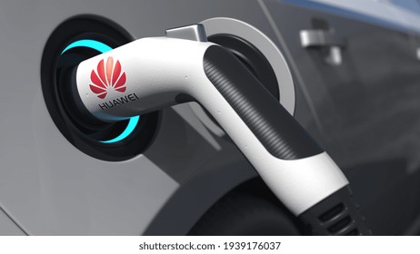 Charging Electric Car Plug With Huawei Logo On It. Editorial Conceptual  Animation 3D Rendering