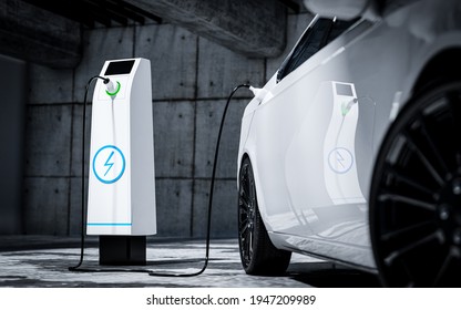 Charging an electric car with a public charger in a parking lot sustainable climate visuals - 3d rendering