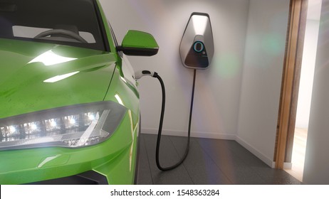 Charging Electric Car Suv In Garage 3d Illustration