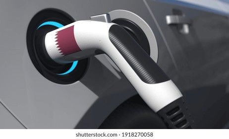 Charging Plug In An Electric Car With Flag Of Qatar, Conceptual  Animation 3D Rendering