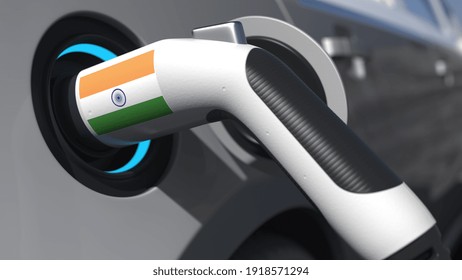 Charging Plug In An Electric Car With Flag Of India. Conceptual  Animation 3D Rendering