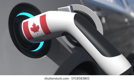 Charging Plug In An Electric Car With Flag Of Canada. Conceptual  Animation 3D Rendering