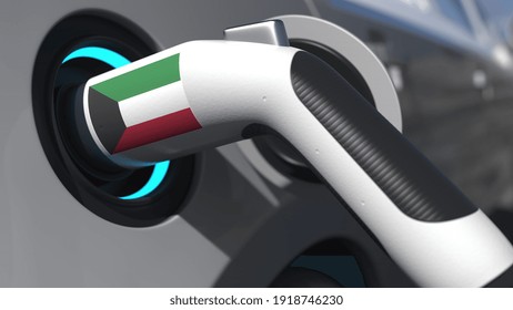 Charging Plug In An Electric Car With Flag Of Kuwait. Conceptual  Animation 3D Rendering