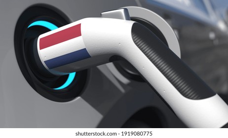 Charging Plug In An Electric Car With Flag Of The Netherlands. Conceptual  Animation 3D Rendering