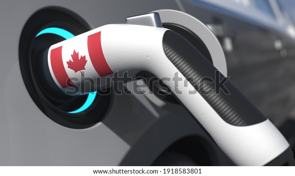 Charging plug in an electric car with flag\
of canada. conceptual  animation 3D\
rendering
