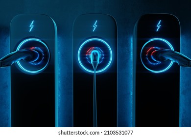 Charging Station For An Electric Car On A Dark Background. Power Plant, Green Technology, Future, Copy Space. 3D Rendering, 3D Illustration.