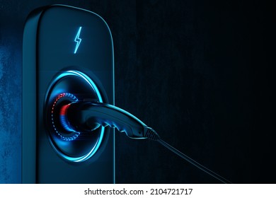Charging station for an electric car on a dark background. Power station, neon, green technology, future, copy space. 3D rendering, 3D illustration.