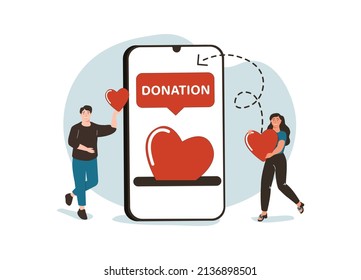 Charity Donation, Donate Online With Care To Help And Support People, Giving Money Or Volunteer, Mobile Social App To Help Other People Concept, Man And Woman Put Heart Shape Into Mobile Donation App.