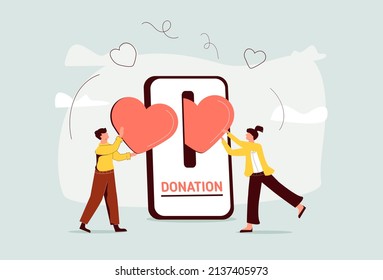 Charity Donation, Donate Online With Care To Help And Support People, Giving Money Or Volunteer, Mobile Social App To Help Other People Concept, Man And Woman Put Heart Shape Into Mobile Donation App.