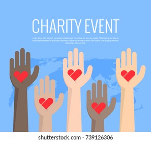 Charity event, hands raised in different colors, heart in the palm of your hand