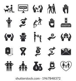 Charity icons. Volunteer helping, world social communities symbols. Donation service or child support, fundraiser foundations set - Shutterstock ID 1967848372