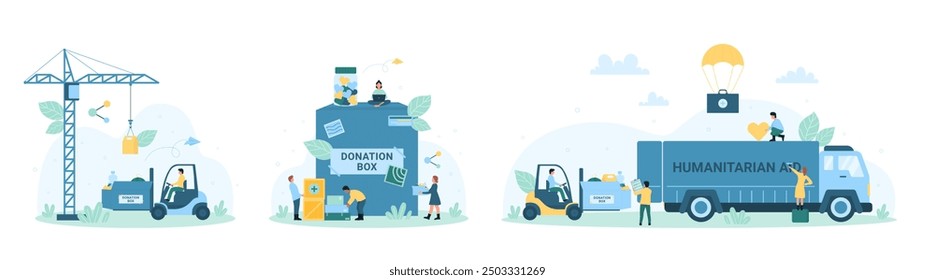 Charity set illustration. Cartoon tiny people loading boxes of humanitarian aid with forklift, construction crane and parachute into truck, volunteers donate help and financial assistance - Powered by Shutterstock