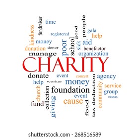 Charity Word Cloud Concept with great terms such as donate, time, money, food and more.