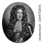 Charles II, King of England, Scotland and Ireland. He is wearing a harness and a long curling wig.
