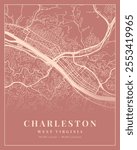 Charleston Brownish Pink and Peach Color City Map Art, Map Wall Decor, West Virginia