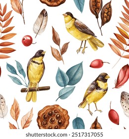 Charm autumn seamless fall pattern featuring watercolor bird and vibrant leaves. Autumn harvest design, floral decor