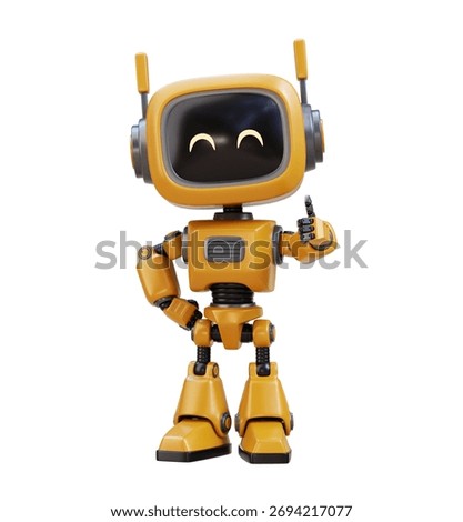A charming 3D animated robot expresses a positive endorsement with a friendly thumbs up gesture. This adorable character symbolizes approval success and agreement.