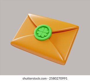 A charming 3D render illustration of an envelope featuring a four-leaf clover seal, perfect for St. Patrick's Day greetings and festive messages.