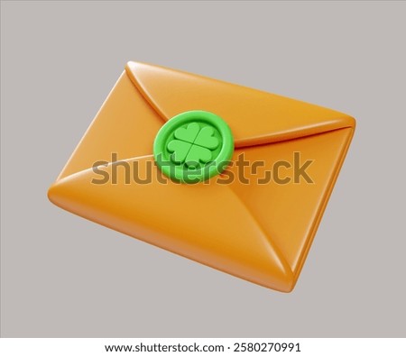 A charming 3D render illustration of an envelope featuring a four-leaf clover seal, perfect for St. Patrick's Day greetings and festive messages.