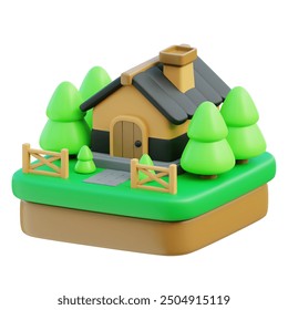 A charming 3D render of a small cottage surrounded by green trees. The house has a brown roof and a chimney, while the trees have lush green foliage. The scene is set on a gras