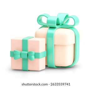 Charming 3D render of two gift boxes, one in soft pink and another in creamy beige, adorned with elegant mint green ribbons. Perfect for celebrations, birthdays, or any special occasion.
