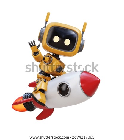 A charming 3D rendered yellow robot with a friendly wave rides a futuristic rocket embarking on an exciting space journey.