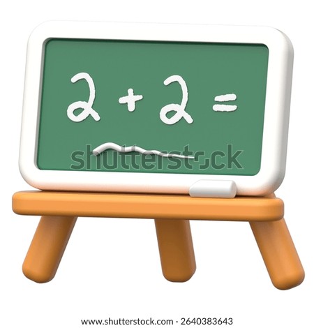 A charming 3D rendering of a classic blackboard on a stand, featuring a simple math equation (2 + 2 =). Perfect for educational content, school-related designs, tutoring services, learning apps.