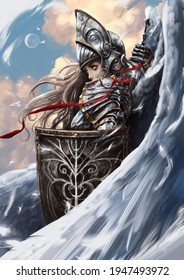 A charming angel girl in plate armor with a huge patterned shield and white wings stands in the middle of pink clouds, pulling out her sword 2d illustration.