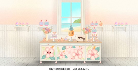 Charming bakery interior featuring decorated cupcakes, a pineapple cake, bouquets, and a view of the ocean through the window - Powered by Shutterstock