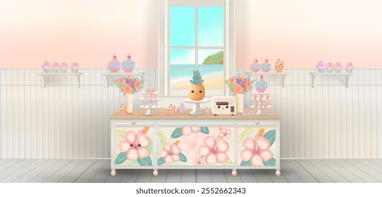 Charming bakery interior featuring decorated cupcakes, a pineapple cake, bouquets, and a view of the ocean through the window - Powered by Shutterstock