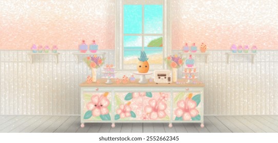 Charming bakery interior featuring decorated cupcakes, a pineapple cake, bouquets, and a view of the ocean through the window - Powered by Shutterstock