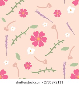 Charming Botanical Seamless Pattern with Pink and White Flowers
