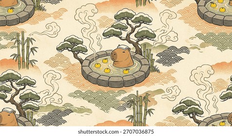 Charming Capybara Onsen Pattern. This seamless Japanese illustration depicts a cute capybara bathing in a winter hot spring with yuzu, pine trees, and traditional wave motifs.