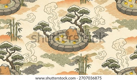 Charming Capybara Onsen Pattern. This seamless Japanese illustration depicts a cute capybara bathing in a winter hot spring with yuzu, pine trees, and traditional wave motifs.